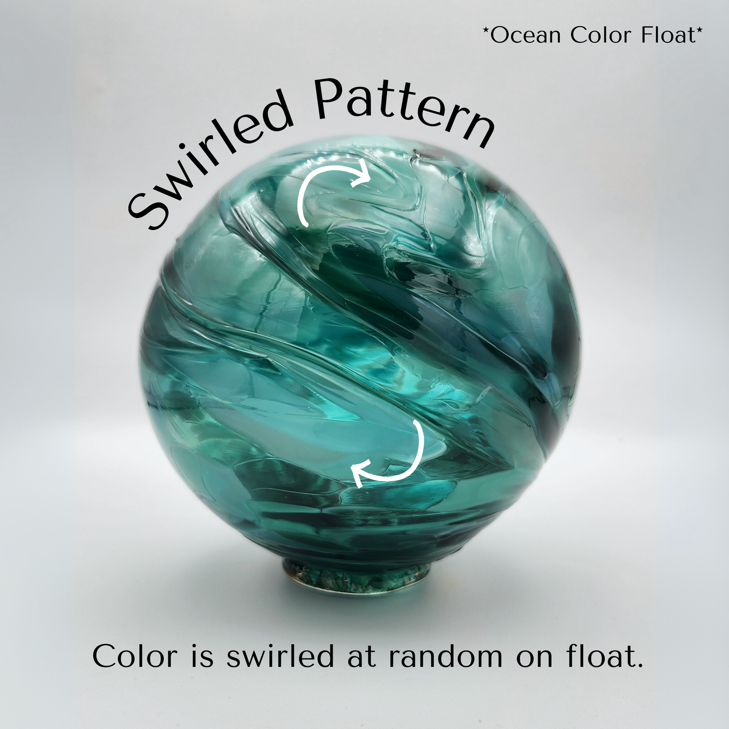 example of our swirled color pattern. glassblower grabs glass and twists in a few random spots, its very organic and flowy like water moving.
